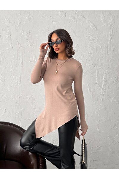 MELA ROSSA Γυναικεία μπλούζα με ασύμμετρη φούστα σε μπεζ χρώμα με λαιμόκοψη από βισκόζη ελαστάνη