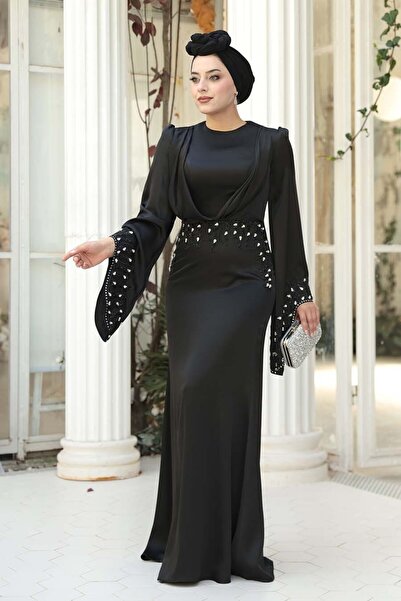 N.S NEVA STYLE Rochie de seară din satin negru brodat cu piatră 5337S