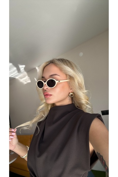 TomyHelf Krem Çerçeveli Gold Detaylı Siyah Camlı Retro Güneş Gözlüğü