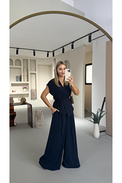 Sezgi Tekin Navy Blue Double Pleated Loose Pants Vest Set