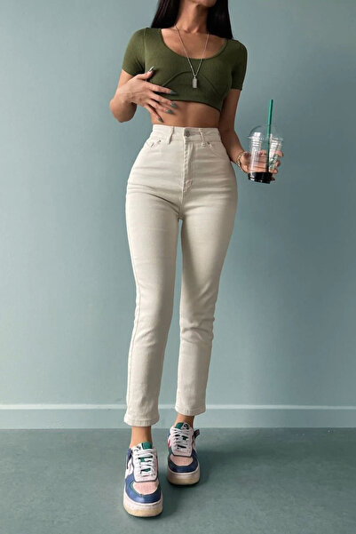 Geppetto A10545454 Pantaloni de blugi Mom Jean crem cu talie înaltă din lycra