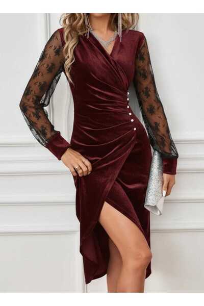 Kokosh moda Kadın Kruvaze Yaka Yandan Düğmeli Önden Çapraz Kesim Detaylı Mini Boy Davet Nikah Abiye Elbise