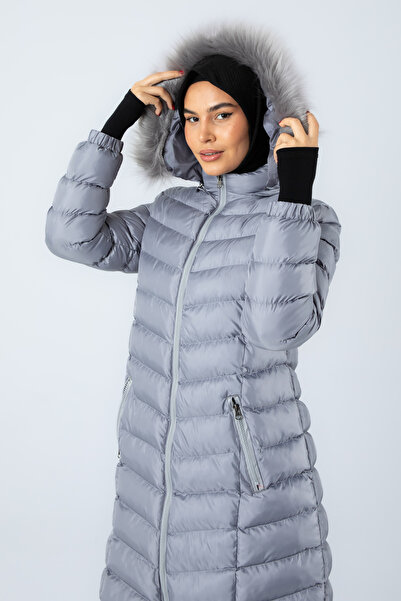 Space Fashion Women's Metallic Gray Long Puffer Jacket