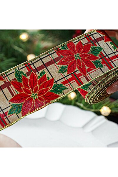 Flippy Christmas Decorative Ribbon with Red Flower Print, 2 x 6.3 cm, Khaki Red