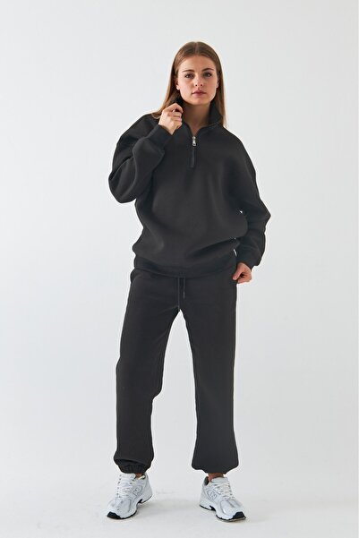 The Champ Clothing Unisex Oversize Σετ Φούτερ Basic Smoked – Σταντ γιακά με φερμουάρ, ελαστικό πόδι, 3-κλωνο φλις