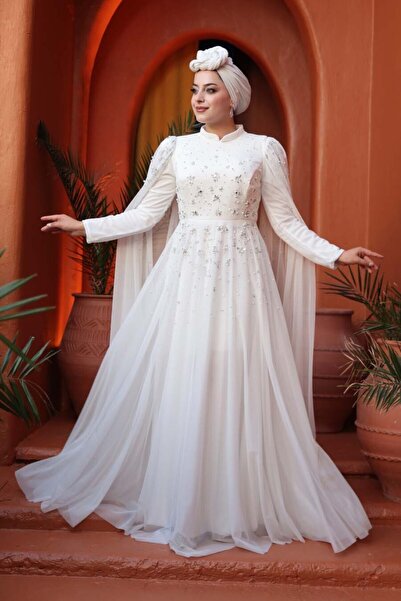 N.S NEVA STYLE Rochie de seară albă, cu pelerină, cu detalii cu mărgele 53141B