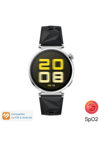 Huawei Ceas inteligent GT 5, 41 mm, carcasă din oțel inoxidabil opac, curea din fluoroelastomer negru