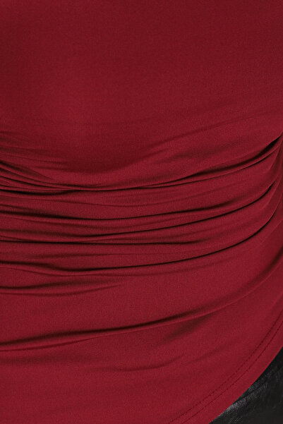 armonika Women's Burgundy Gathered Side Long Sleeve Asymmetrical Blouse Arm-26K042005