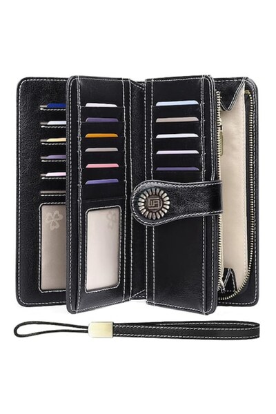 OptimStar Women's Wallet, Genuine Leather, RFID Blocking, 19.5x11.5x3.5cm, 3 Main Compartments, Black