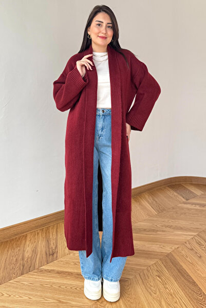 Cappmoda TRK-2066 Bordo Oversize Çelik Örme Uzun Hırka