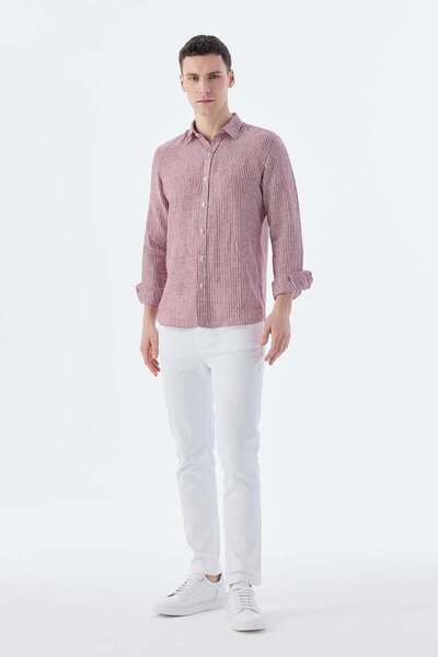Jakamen Burgundy Comfort Fit Striped 100% Linen Shirt