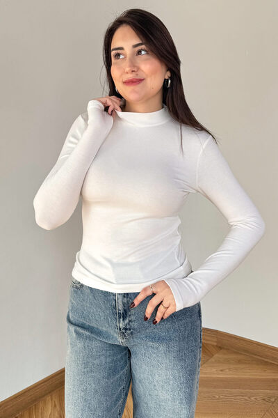 Cappmoda Blz-06290 White Stand Collar Mercerized Lycra Cotton Basic Blouse