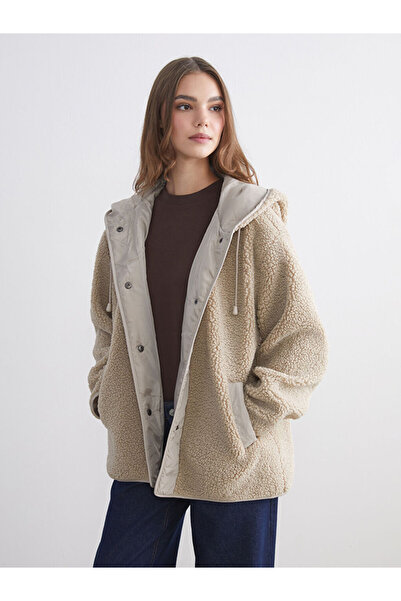 LC Waikiki Kahverengi Kapüşonlu Oversize Kadın Teddy Kaban