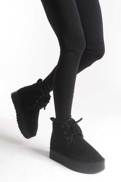 FEYZ BUTİK Thick Sole Fur Inside Suede Lace-Up Comfortable Women's Boots