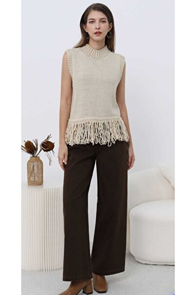 NOTCHTR Women's Basic Oversize Beige Half Turtleneck Knit Sweater