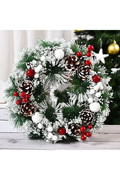 Flippy Χριστουγεννιάτικο Στεφάνι Flippy, 32 εκ., Χιονισμένο Τεχνητό Έλατο, Κώνοι και Κράνμπερι, Πράσινο/Λευκό