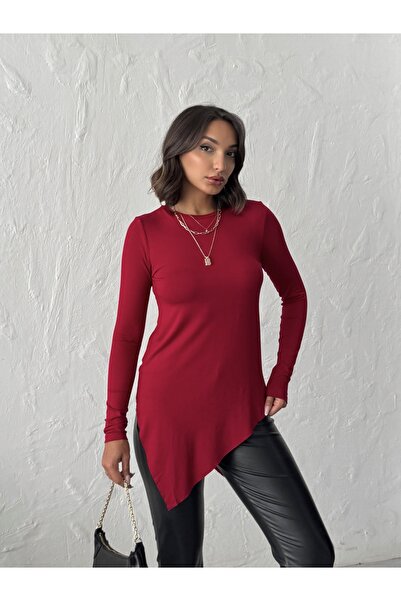 MELA ROSSA Γυναικεία μπλούζα με ασύμμετρη φούστα μπορντό με λαιμόκοψη από βισκόζη ελαστάνη