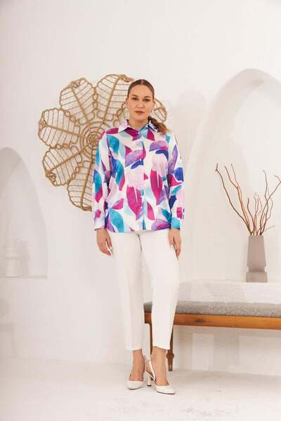 RMG Gamzemoda Leaf Printed Plus Size Shirt