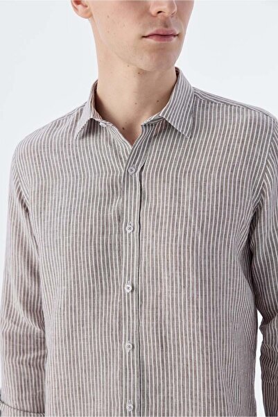 Jakamen Καφέ Comfort Fit ριγέ πουκάμισο από 100% λινό