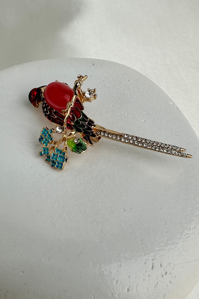 Modex Altın Rengi Çiçek Detay Renkli Işıltılı Kuş Broş (6cm)