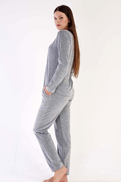 VİENETTA Set de pijamale pentru femei, gri melange, cu decolteu rotund, cu mâneci lungi, cu picioare drepte C0T1N0603