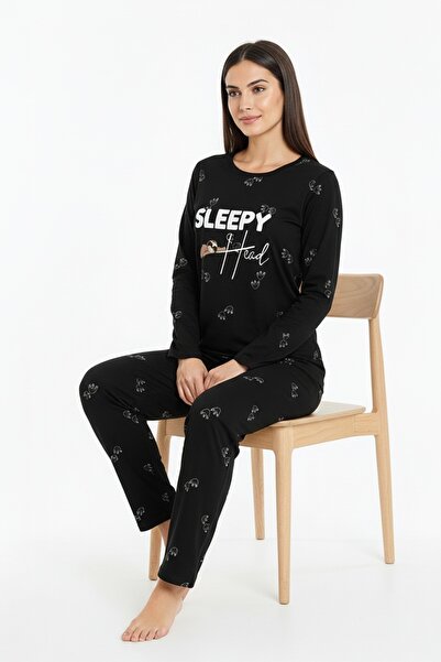 Bravie Set de pijamale din viscoză Sleepy Written Elite, lung, negru 3552