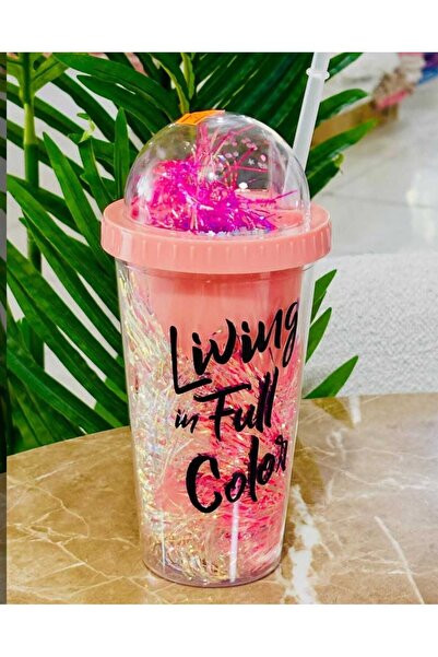 MutfakMarket Cup with Straw, Water Bottle, Cute Drinking Bowl, 450 Ml, Double Layered with Tassles