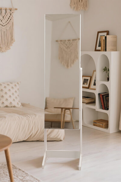 Myplas Modern Tasarımlı Aynalı Kitlenebilir Ahşap Takı ve Makyaj Dolabı Ayaklı Boy Aynası Beyaz 160x37
