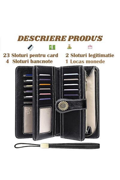 OptimStar Women's Wallet, Genuine Leather, RFID Blocking, 19.5x11.5x3.5cm, 3 Main Compartments, Black