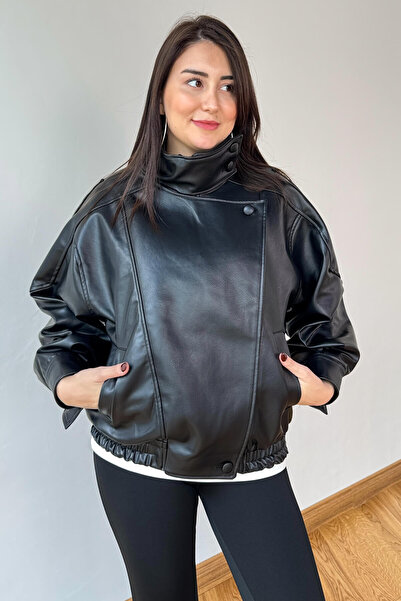 Cappmoda Ckt-250566 Black Lined Epaulet Bat Collar Elastic Waist Faux Leather Milan Jacket