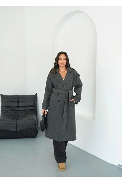 Behills Women's Anthracite Cashmere Coat Long Winter Belted Stylish Overcoat Jacket