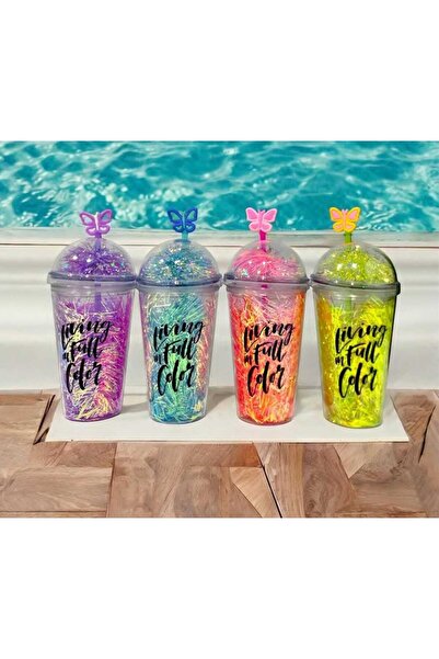 MutfakMarket Cup with Straw, Water Bottle, Cute Drinking Bowl, 450 Ml, Double Layered with Tassles