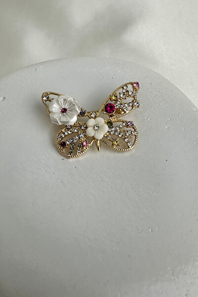 Modex Altın Rengi Çiçek Detay Taşlı Kelebek Broş (4cm)