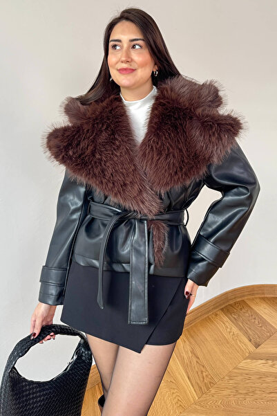Cappmoda Ckt-12471 Brown Fur Collar Lined Belted Faux Leather Jacket