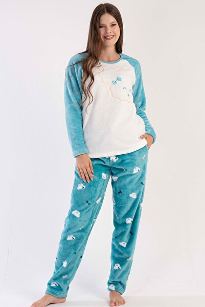 VİENETTA Set de pijamale pentru femei, culoare mentă, Welsoft, cu mâneci lungi, cu decolteu rotund, cu picioare drepte C0T9N0303