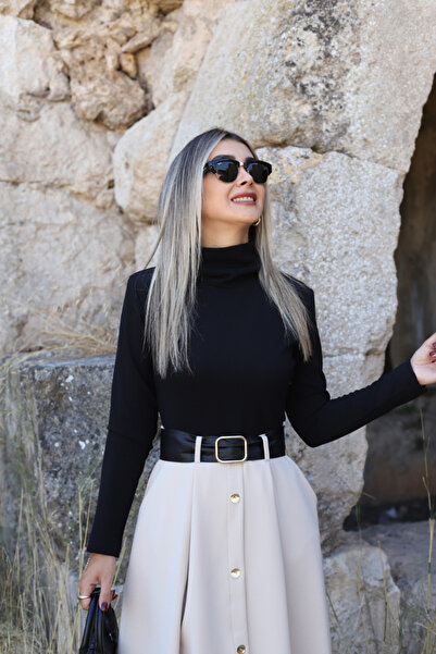 bytugcekaya Siyah Bej Düğmeli Uzun Kol Kloş Elbise