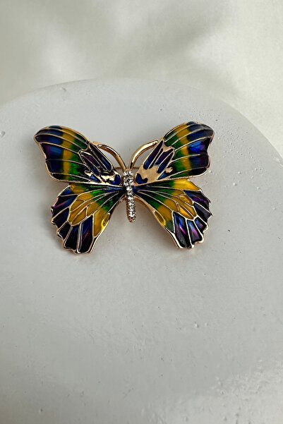 Modex Altın Rengi Renkli Mineli Kelebek Broş (5cm)