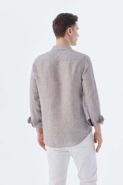 Jakamen Καφέ Comfort Fit ριγέ πουκάμισο από 100% λινό