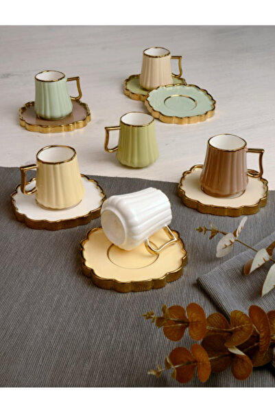 GLRHOME 6 kişilik porselen türk kahvesi fincan seti 12 parça yaldızlı fincan ...