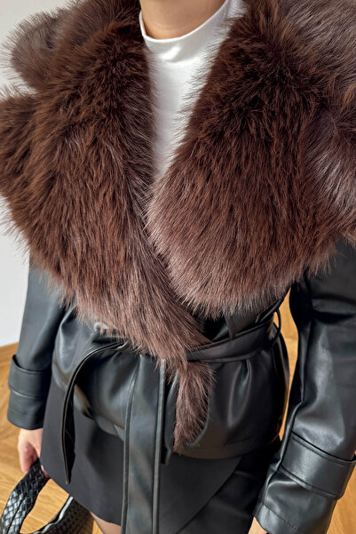 Cappmoda Ckt-12471 Brown Fur Collar Lined Belted Faux Leather Jacket