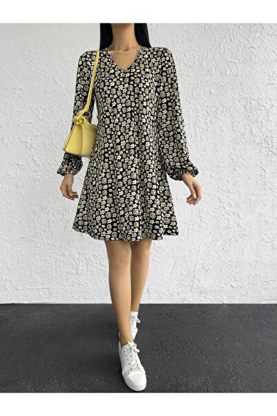 JANES Women's Long Sleeve V-neck Floral Patterned Helen Fabric Dress