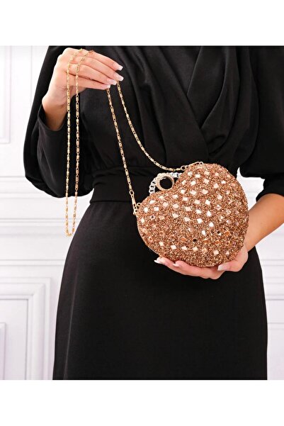 Baykuş Boutique Heart Evening Dress Bag Women's Crystal Stone Hand and Shoulder Strap Evening Dress Bag