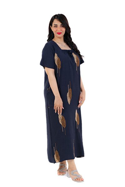 amaan Women's Modern Midi Jalabiya Dress with Gold Leaf Pattern, Short Sleeves, Square Neckline.