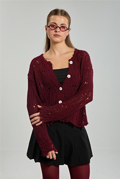 BARRELS AND OIL Kadın Ponponlu Düğmeli Ajurlu Hırka - Bordo