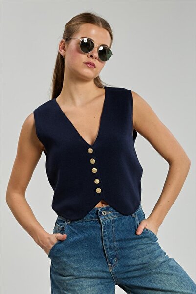 BARRELS AND OIL Women's Buttoned Knit Vest - Navy Blue