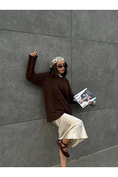 minaaise Pulover de pluș maro pentru femei, cu gâtul rotund, 90