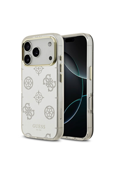 Guess iPhone 17 Pro Uyumlu Kılıf Lisanslı Metal Kamera Çerçeveli Simli Peony ...