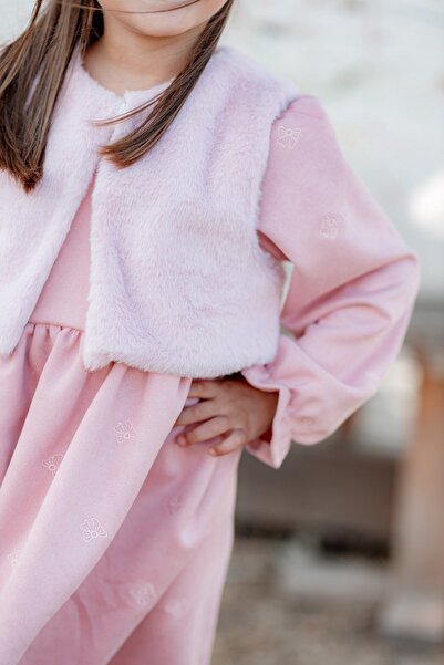 miabambim Kürklü Nubuk Kumaş Fiyonk Nakışlı Elbise Pembe