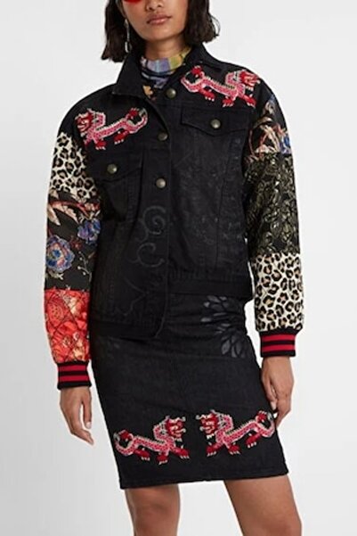 Desigual Geaca Katmandu, din denim cu maneci cu imprimeu divers, Multicolor