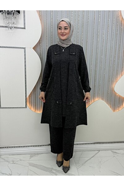 QUAWEAR Cardigan with Button Details on the Sides of the Collar, Pockets, and Pants with Elastic Waistband, Knitted Fabric, 3-Piece Set